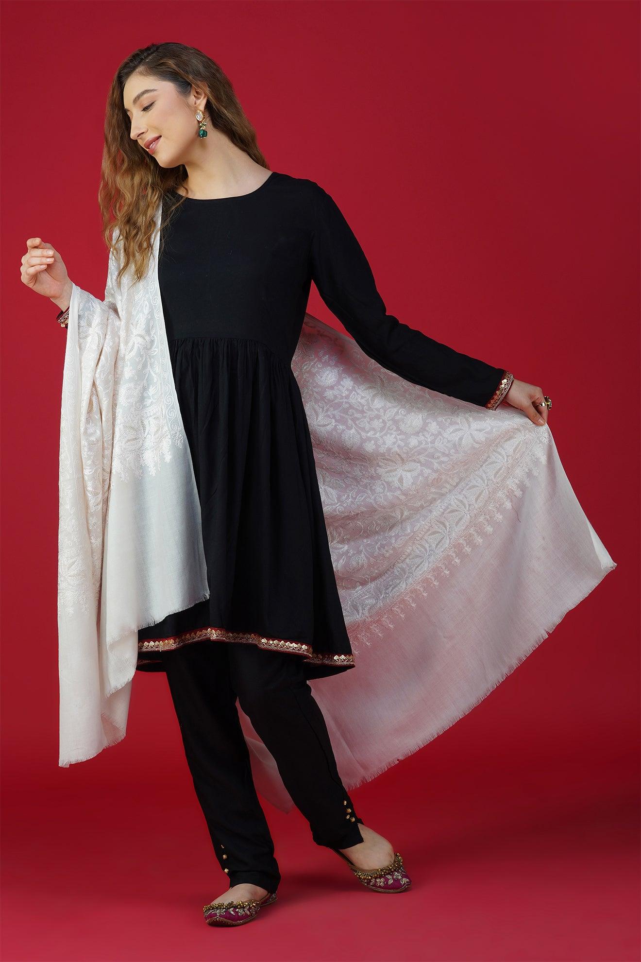 Elegant White Embroidered Pure Woolen Shawl ST-01 Elegant White Embroidered Pure Woolen Shawl ST-01