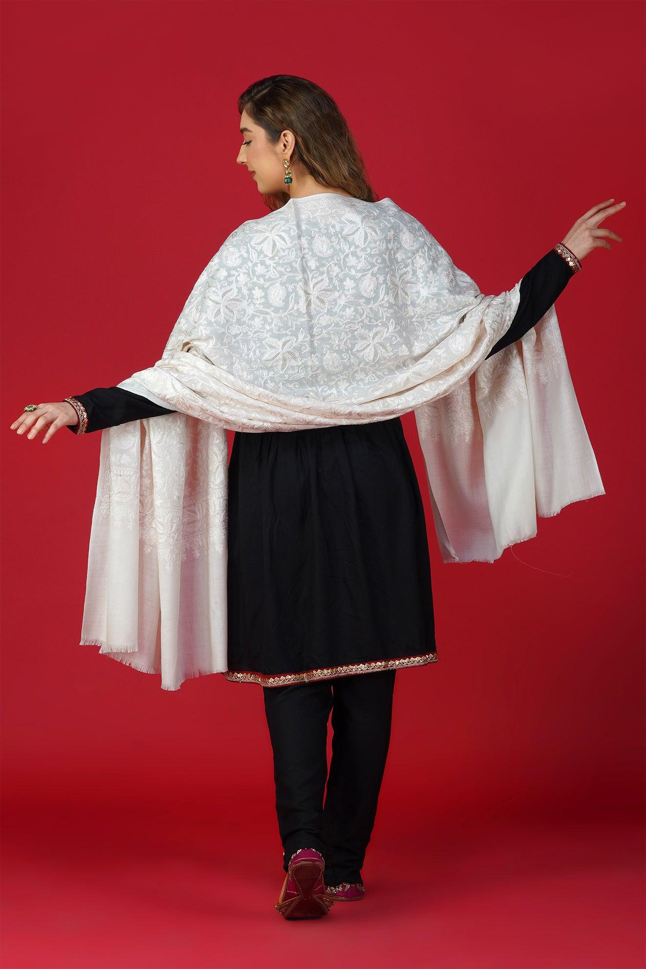 Elegant White Embroidered Pure Woolen Shawl ST-01 Elegant White Embroidered Pure Woolen Shawl ST-01