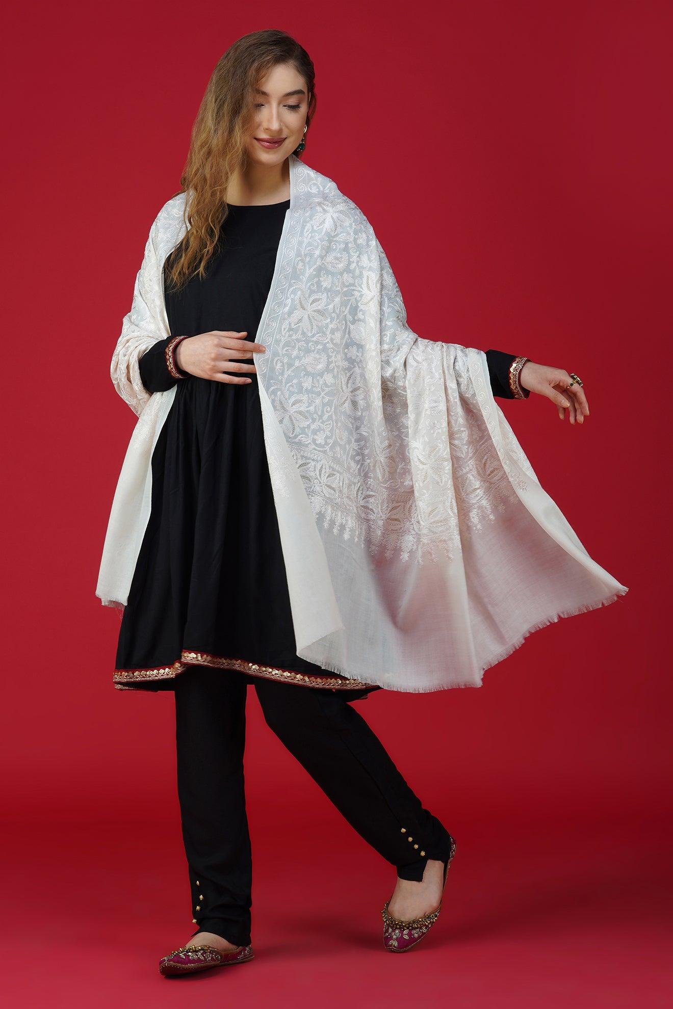 Elegant White Embroidered Pure Woolen Shawl ST-01 Elegant White Embroidered Pure Woolen Shawl ST-01
