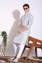 Stylish White Blended With Blue Print Kurta