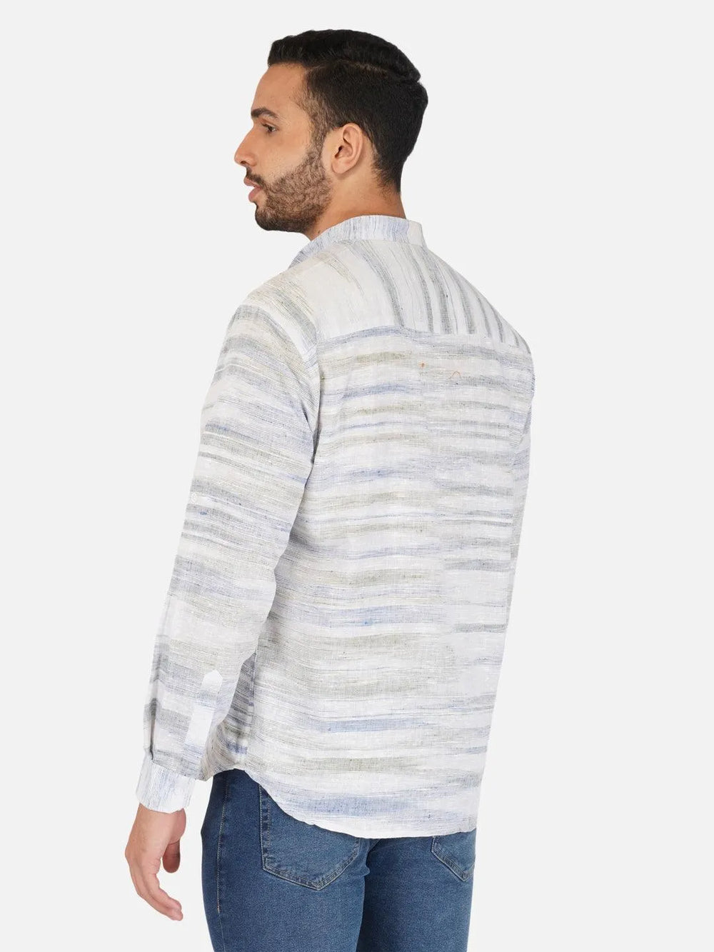 Pure Khadi Short Kurta in Self Pattern Blue Color