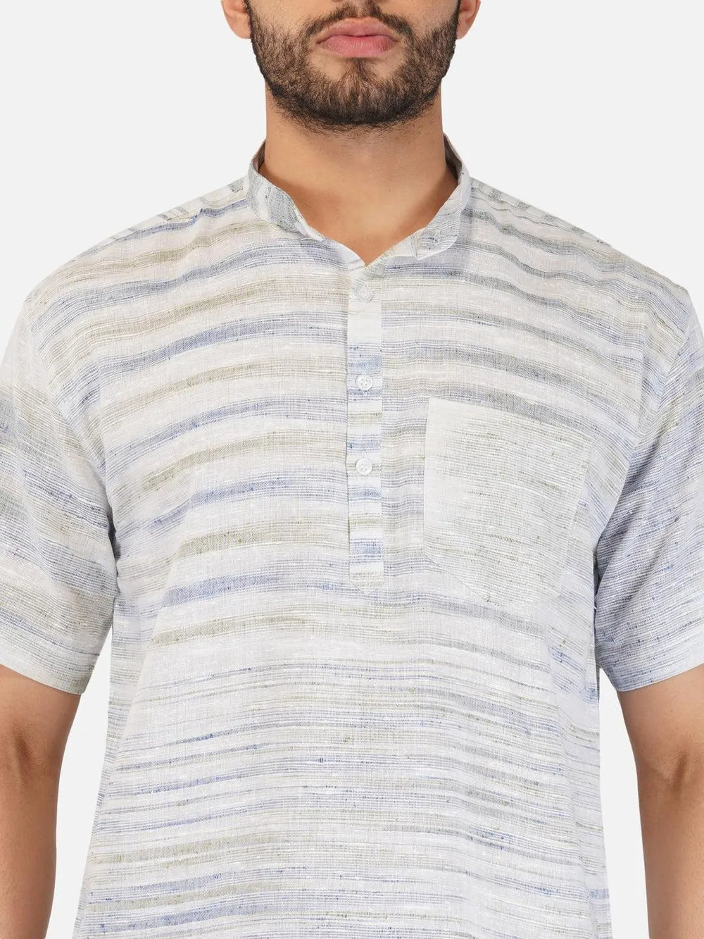 Pure Khadi Short Kurta in Self Pattern Blue Color