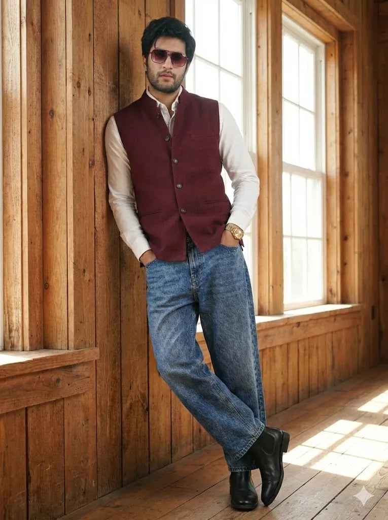 Maroon Signature Nehru Fit Jacket | 100% Woolen