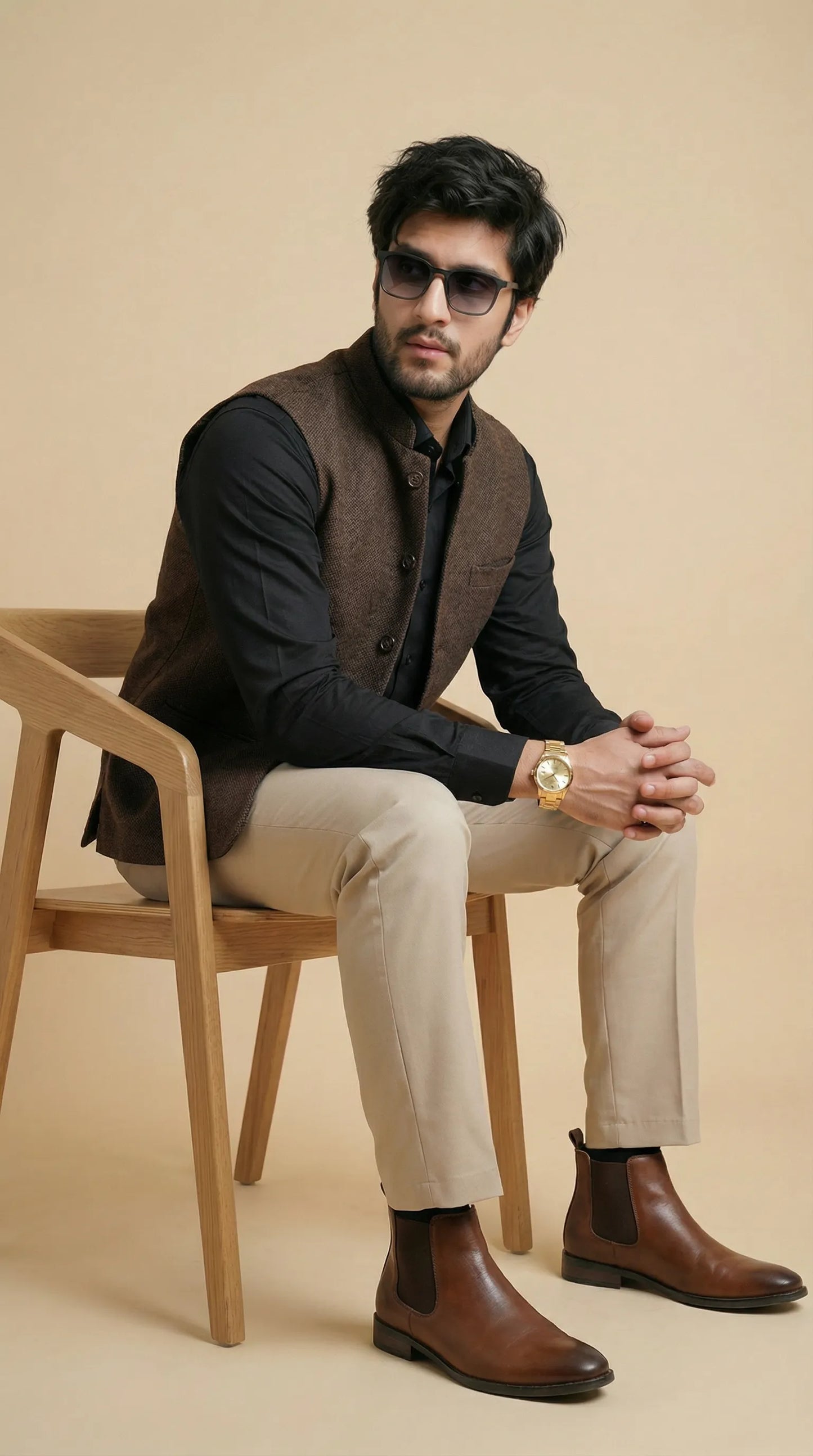 Brown Signature Nehru Fit Jacket | 100% Woolen