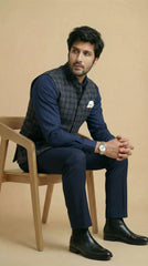 Navy Blue Signature Nehru Fit Jacket | 100% Woolen
