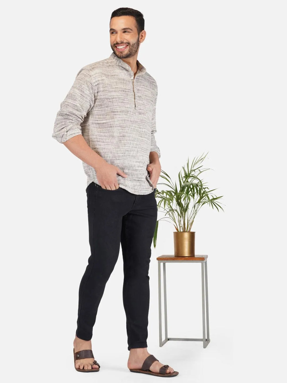 Pure Khadi Short Kurta in Self Pattern Grey Color