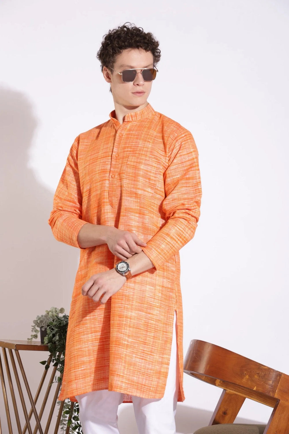 Vibrant Orange Khadi Cotton Long Kurta