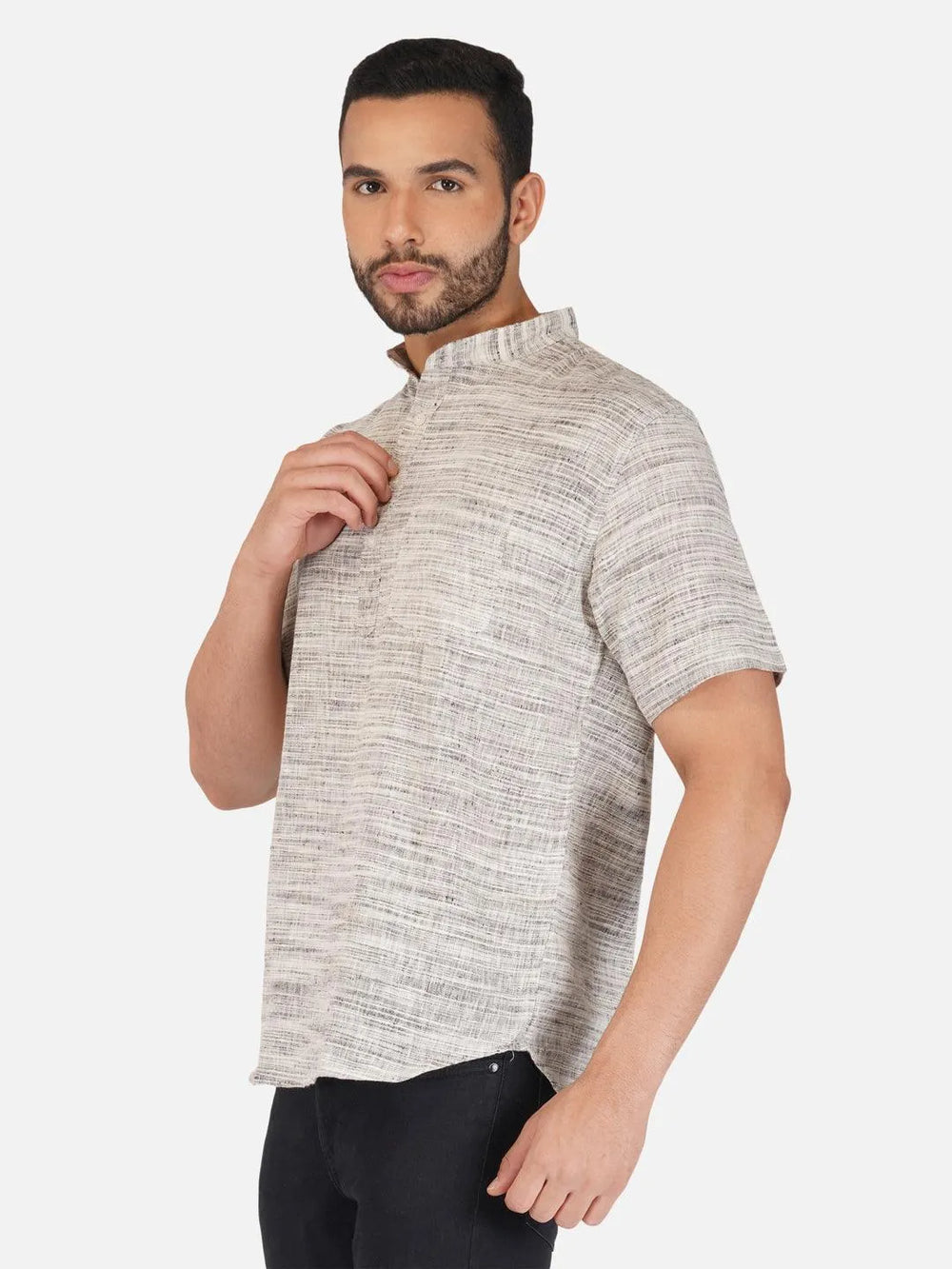 Pure Khadi Short Kurta in Self Pattern Grey Color