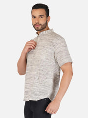 Pure Khadi Short Kurta in Self Pattern Grey Color