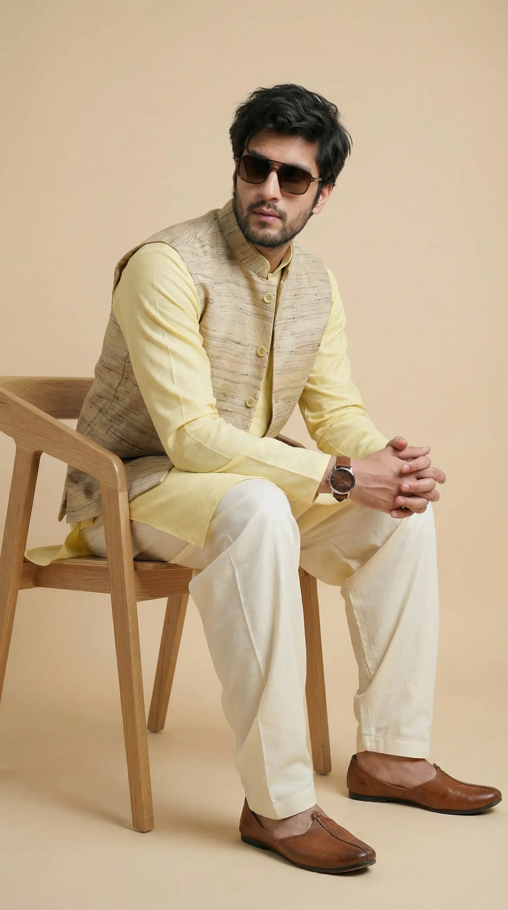 Silk Pale Yellow Signature Nehru Fit Jacket | 100% Woollen