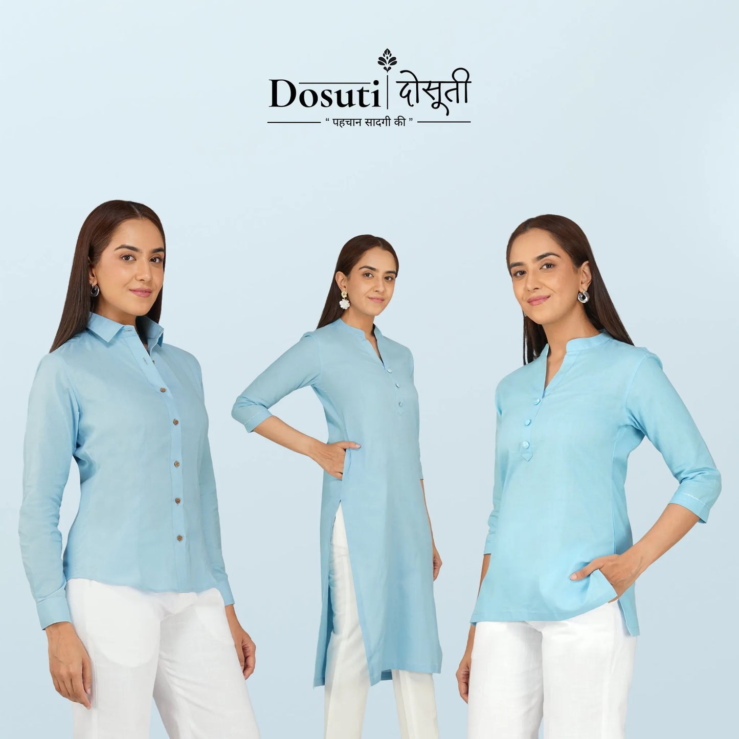 Women’s Khadi Short Kurti in Pastel Blue