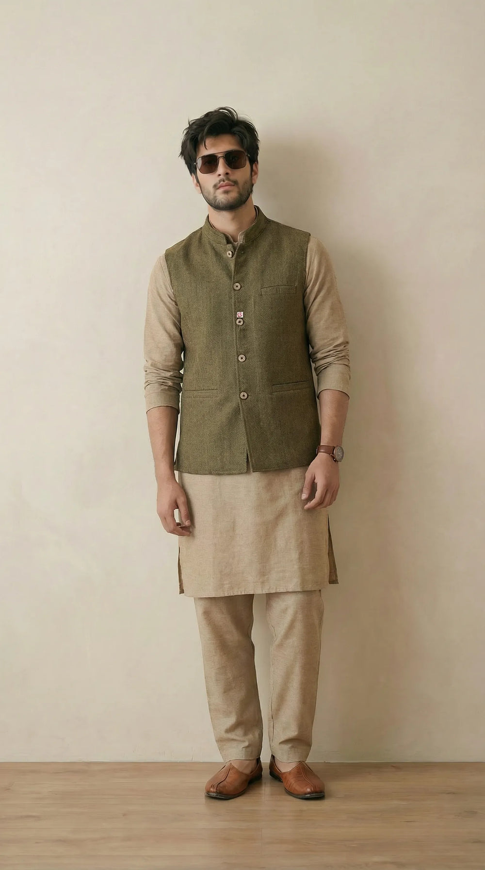Reversible Biscuit Brown Nehru Fit Jacket | 100% Woolen
