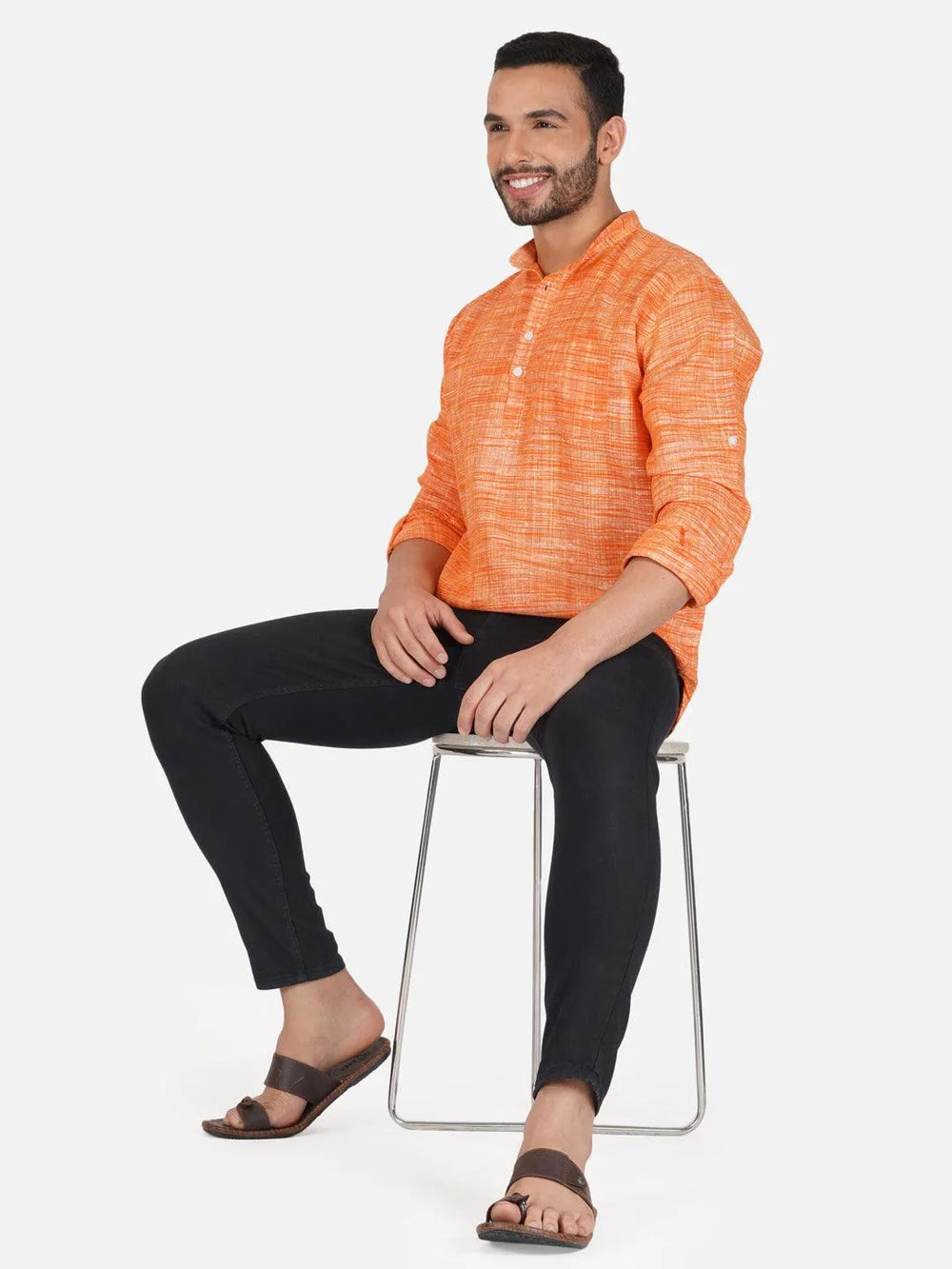 Pure Khadi Short Kurta in Orange Color