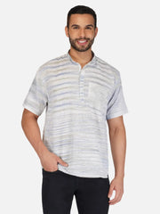 Pure Khadi Short Kurta in Self Pattern Blue Color