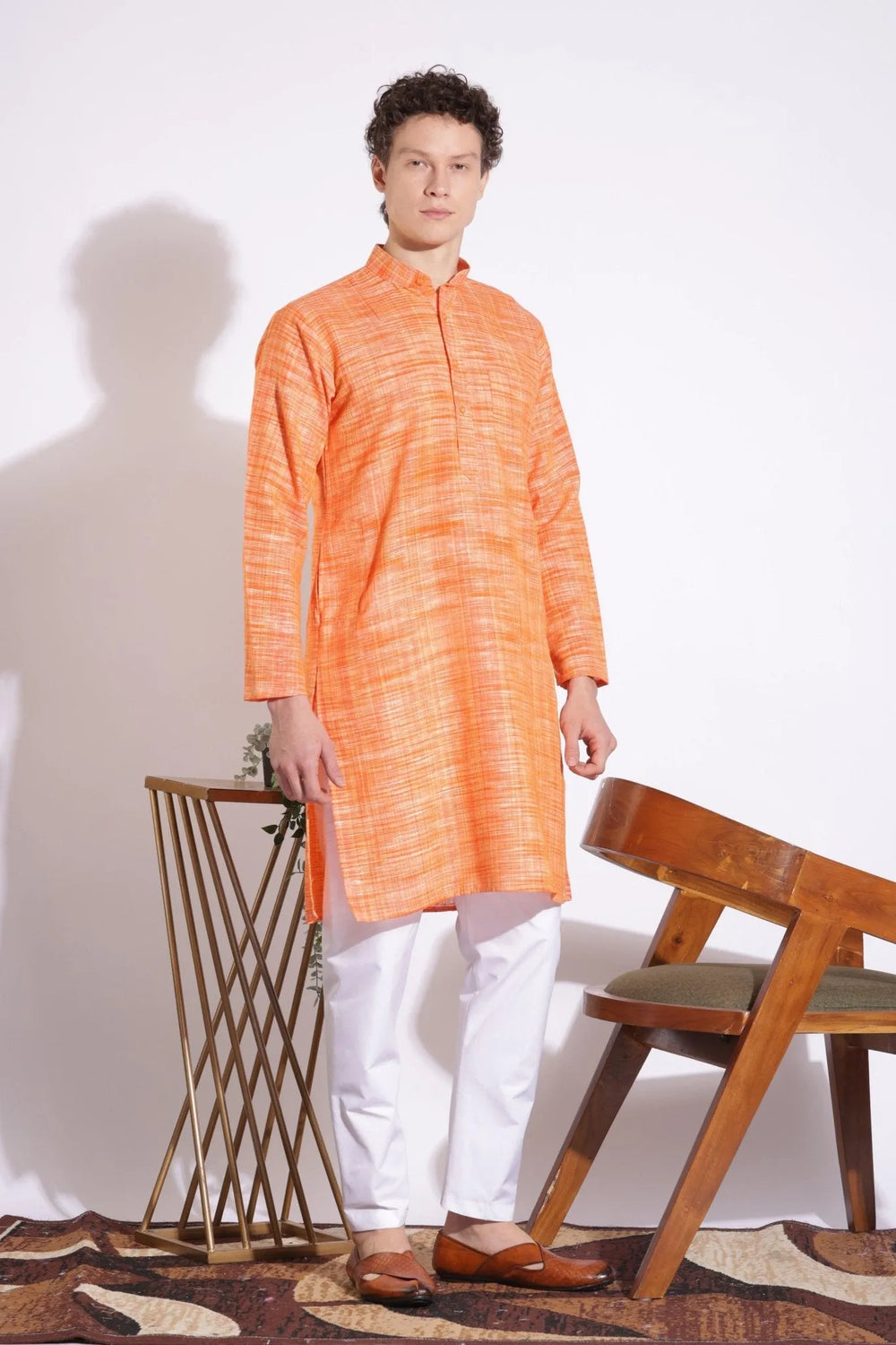 Vibrant Orange Khadi Cotton Long Kurta