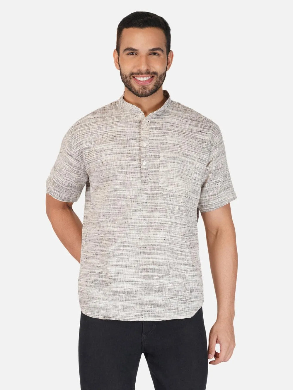 Pure Khadi Short Kurta in Self Pattern Grey Color