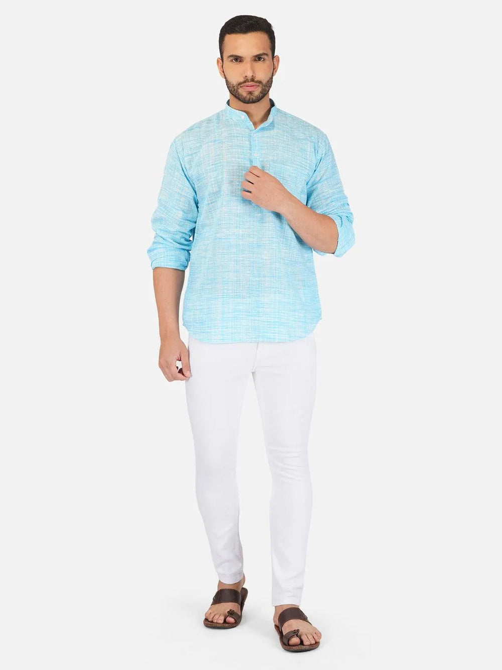 Pure Khadi Short Kurta in Sky Blue Color