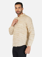 Pure Khadi Short Kurta in Self Pattern Wheat Color