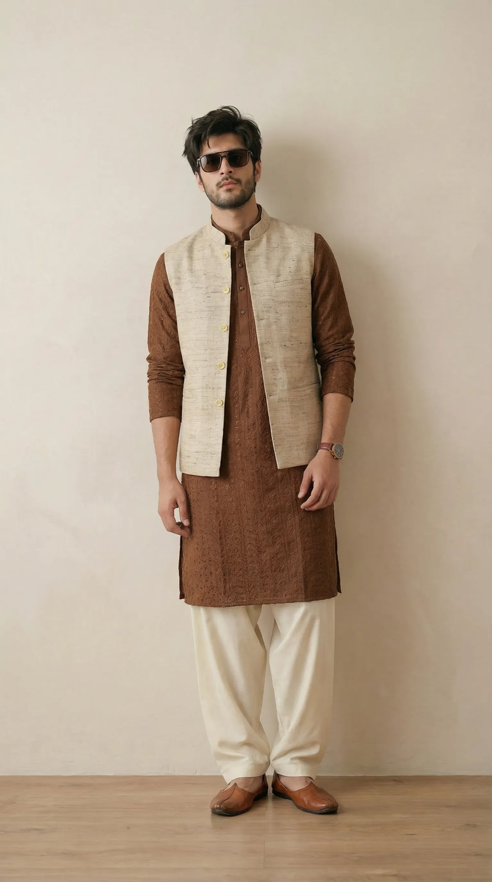 Silk Beige Signature Nehru Fit Jacket | 100% Woolen