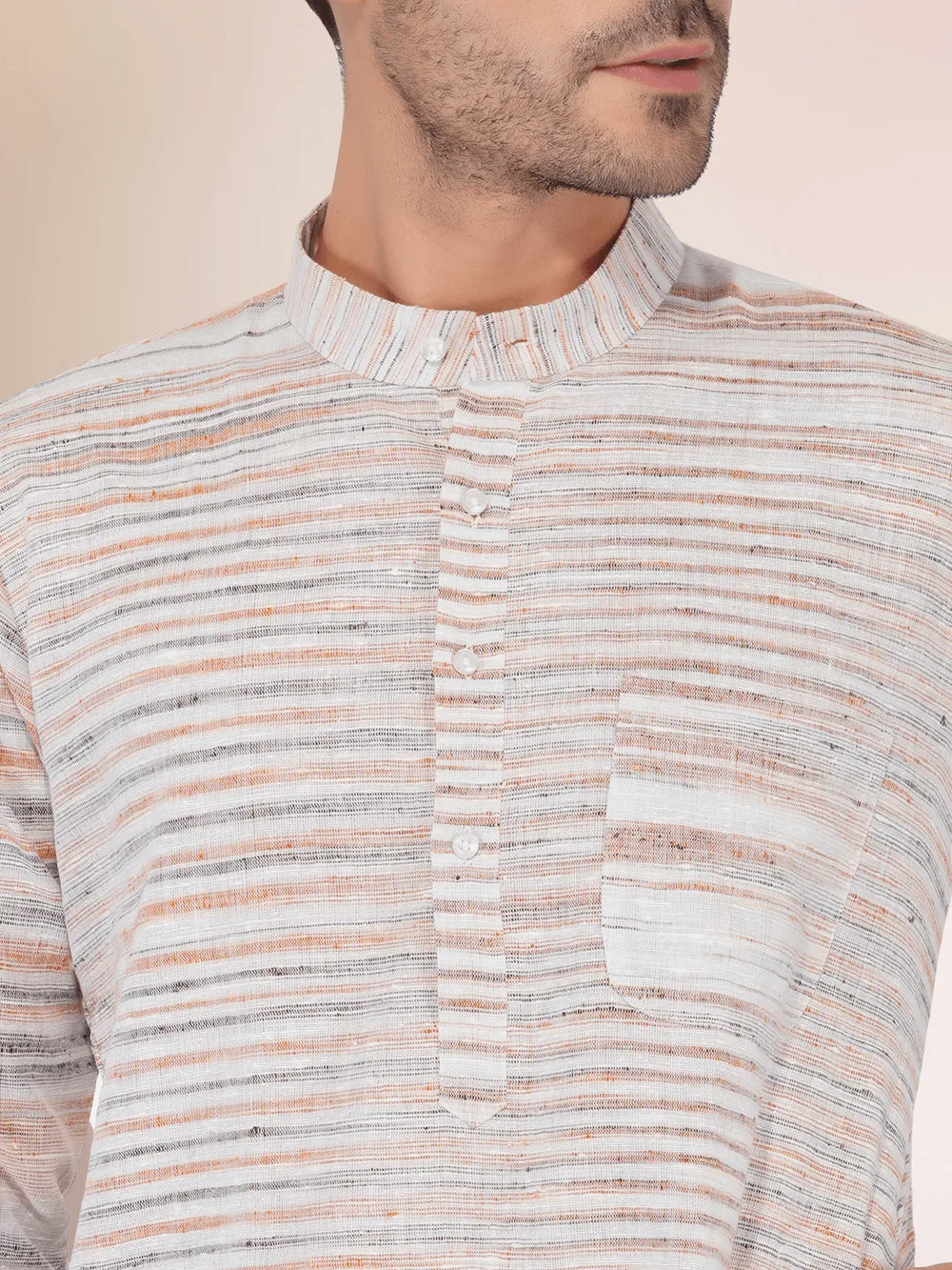 Khadi Traditional Kurta Off-White Blended with Brown Colour