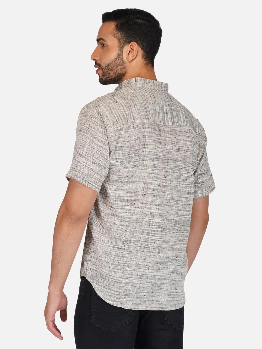 Pure Khadi Short Kurta in Self Pattern Grey Color