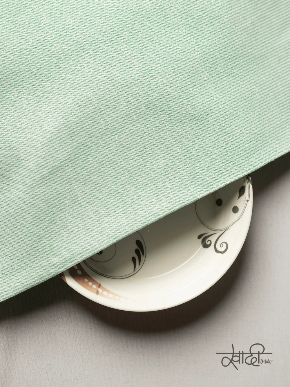 Small Plain Line White & Green Traditional Khadi Fabric