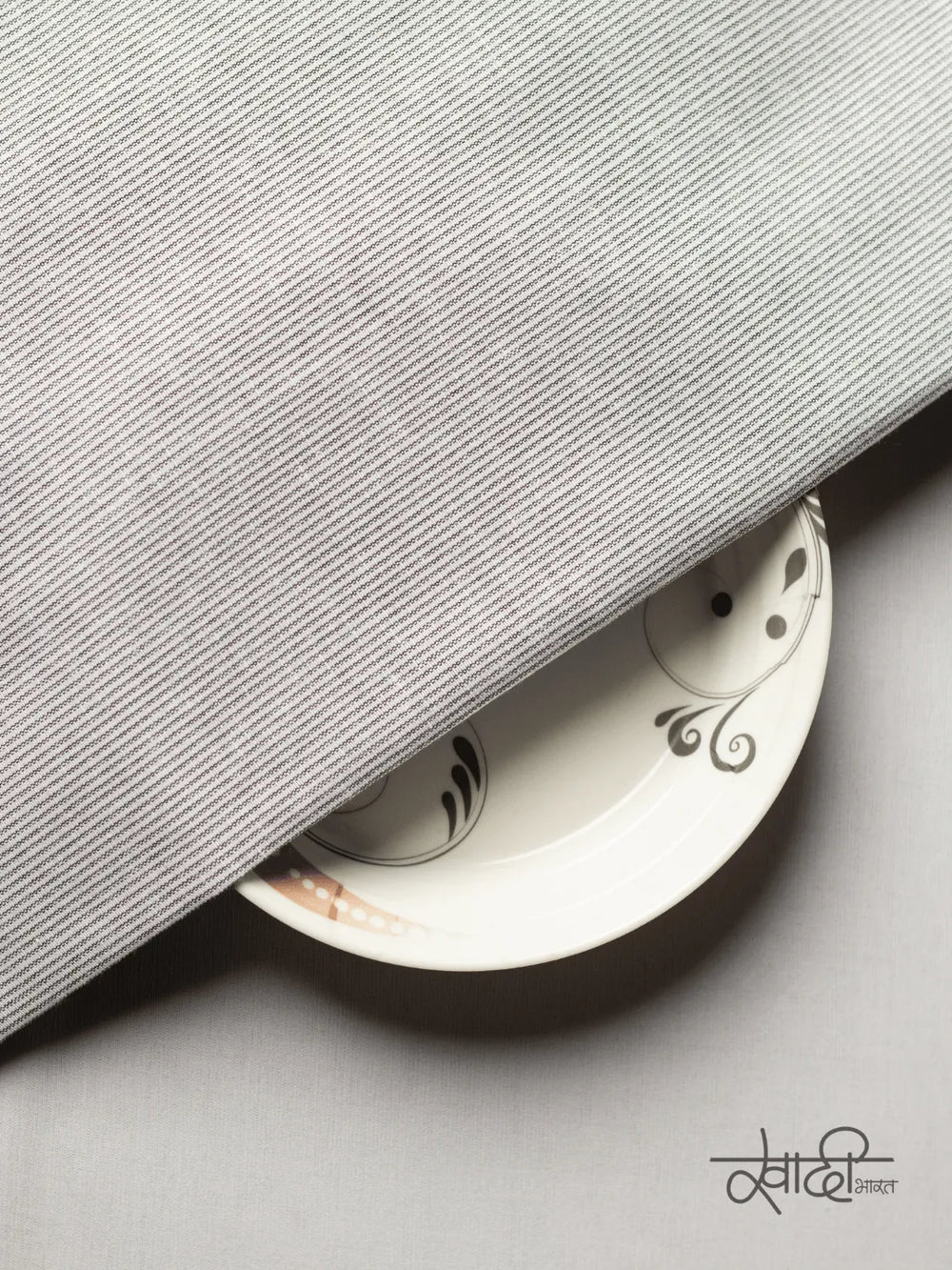 Small Plain Line White & Grey Traditional Khadi Fabric