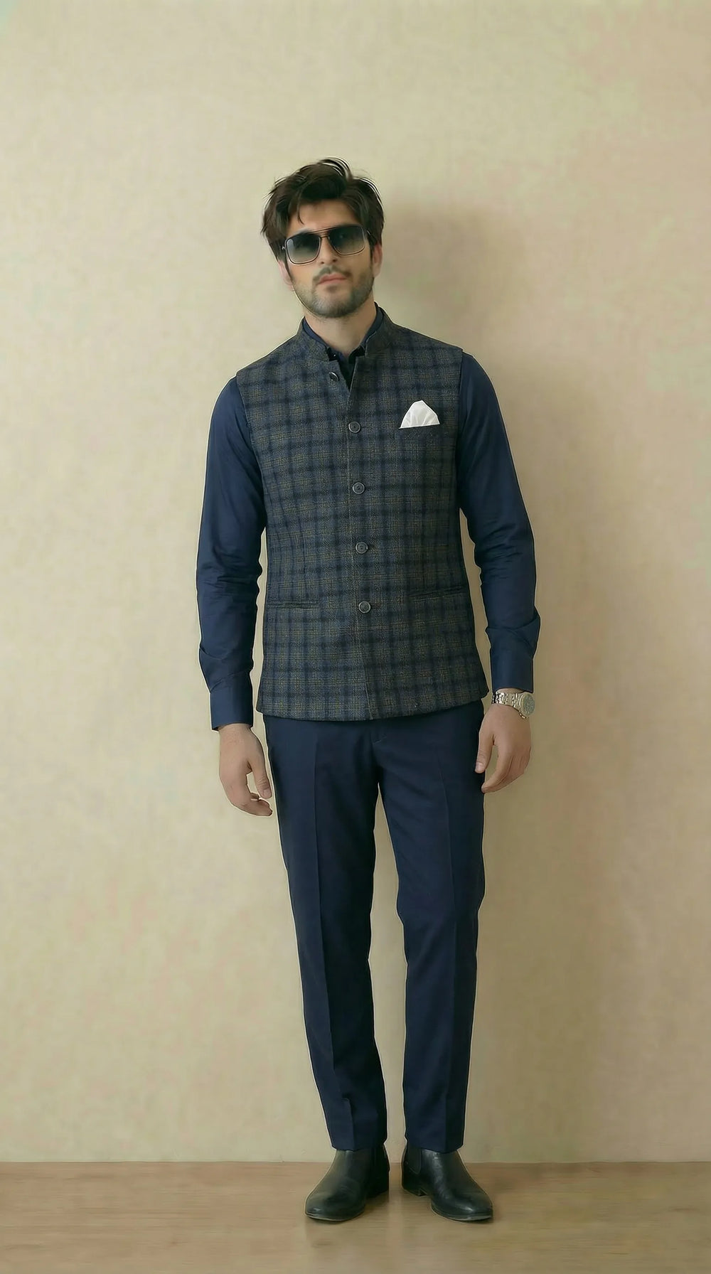 Navy Blue Signature Nehru Fit Jacket | 100% Woolen