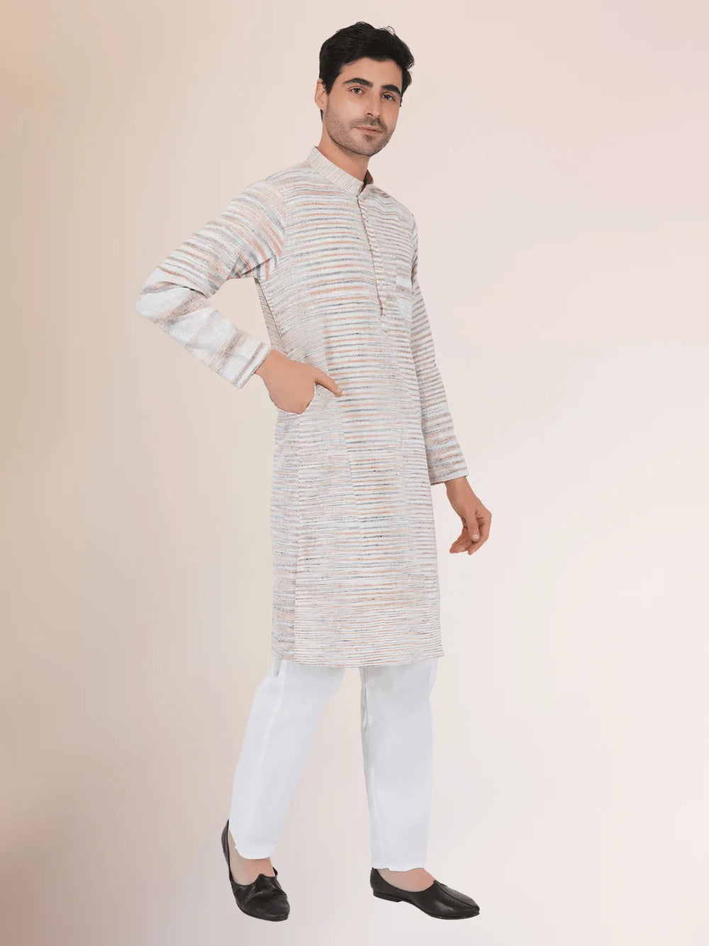 Khadi Traditional Kurta Off-White Blended with Brown Colour