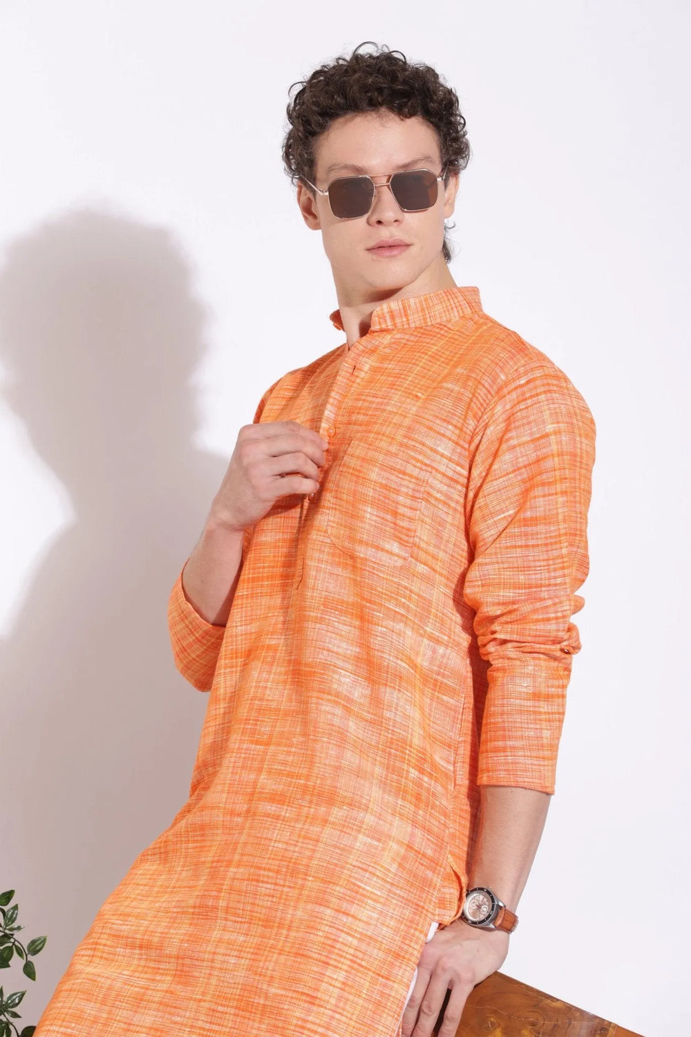 Vibrant Orange Khadi Cotton Long Kurta