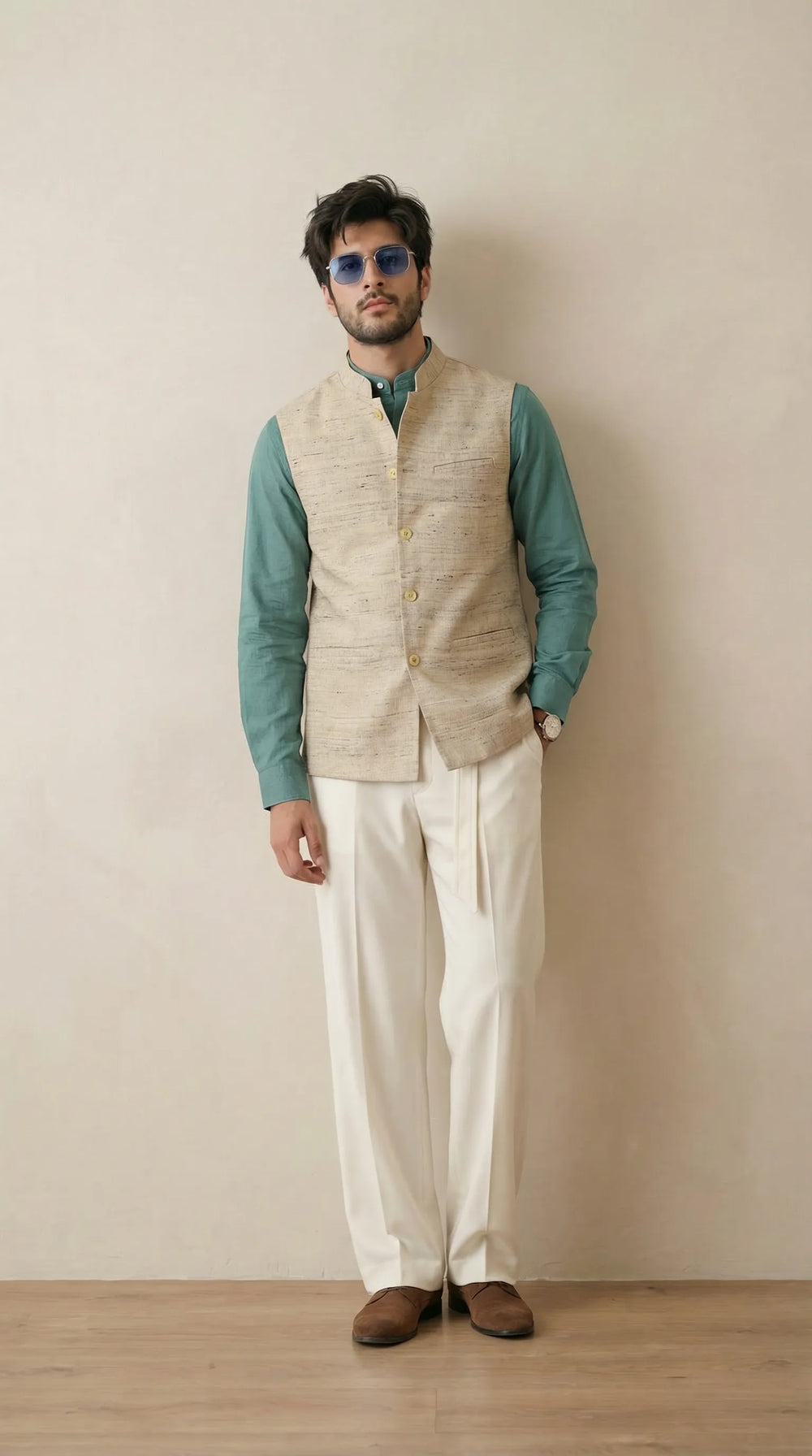 Silk Beige Signature Nehru Fit Jacket | 100% Woolen