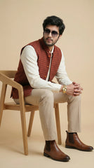 Rust Orange Signature Nehru Fit Jacket | 100% Woolen