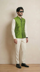 Lime Green Signature Nehru Fit Jacket | 100% Woolen