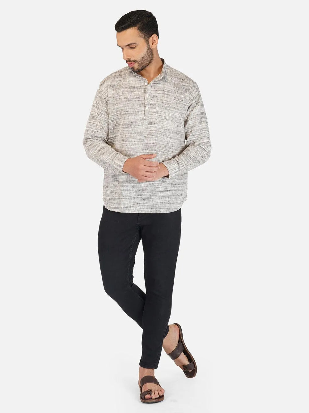 Pure Khadi Short Kurta in Self Pattern Grey Color