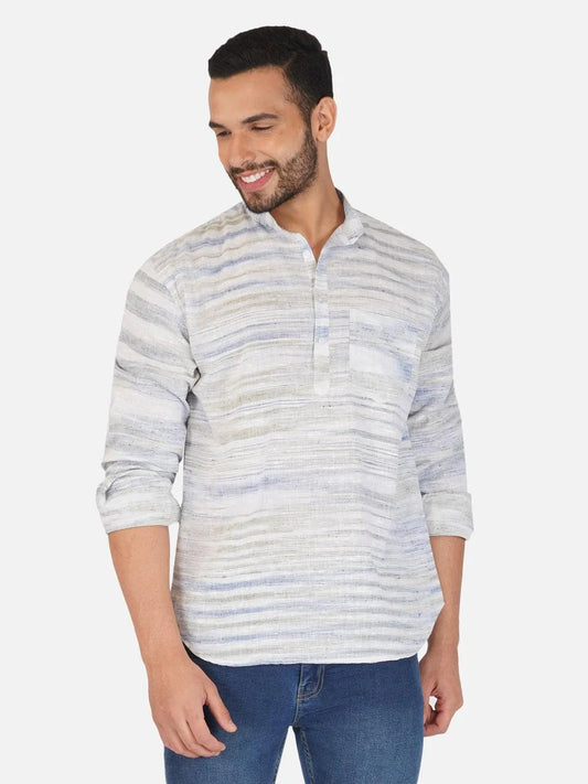 Pure Khadi Short Kurta in Self Pattern Blue Color