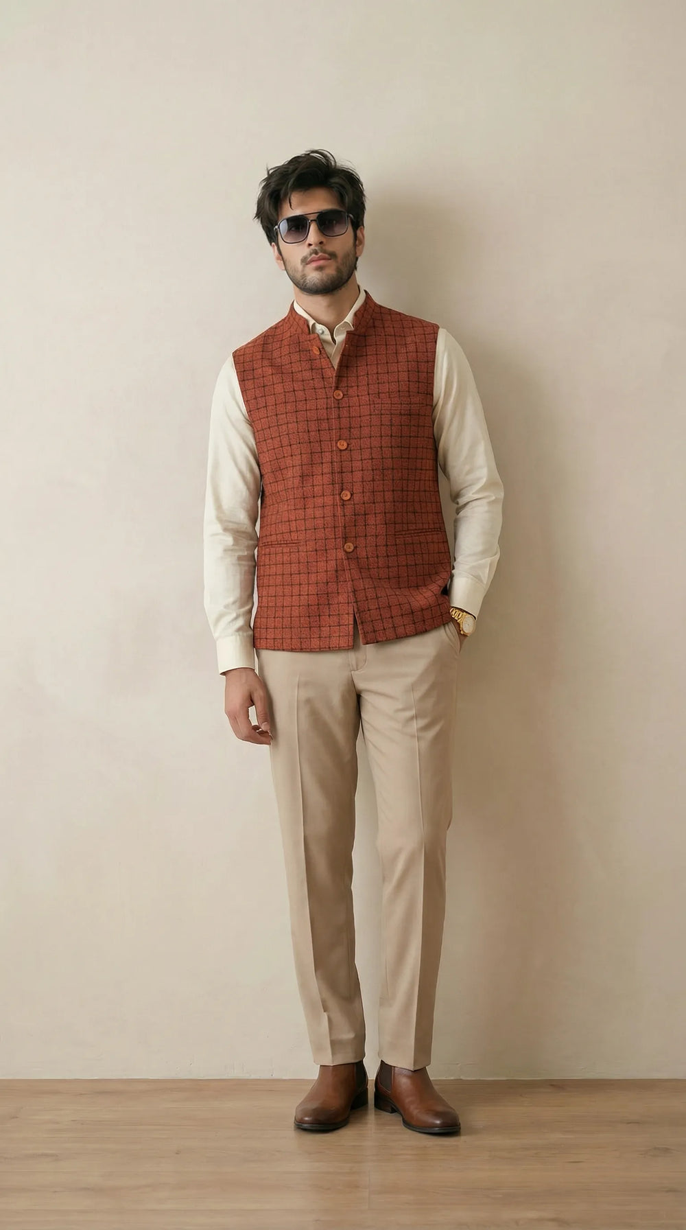 Rust Orange Signature Nehru Fit Jacket | 100% Woolen
