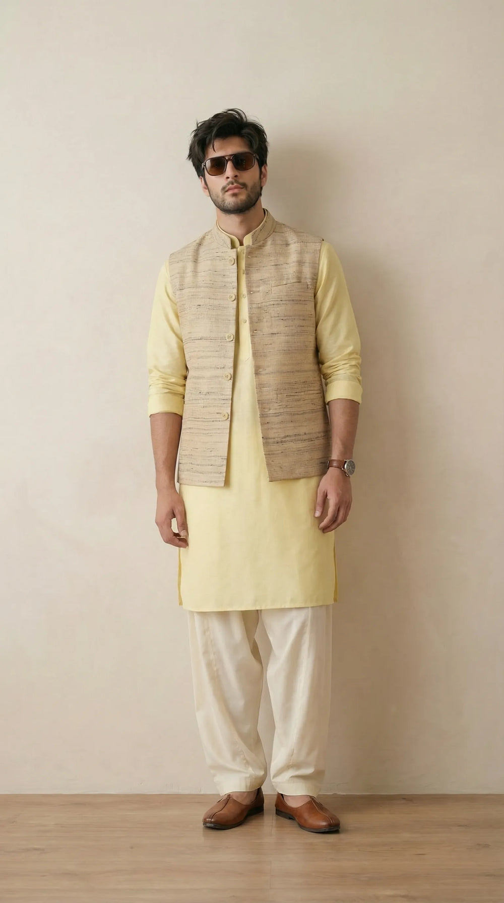 Silk Pale Yellow Signature Nehru Fit Jacket | 100% Woollen