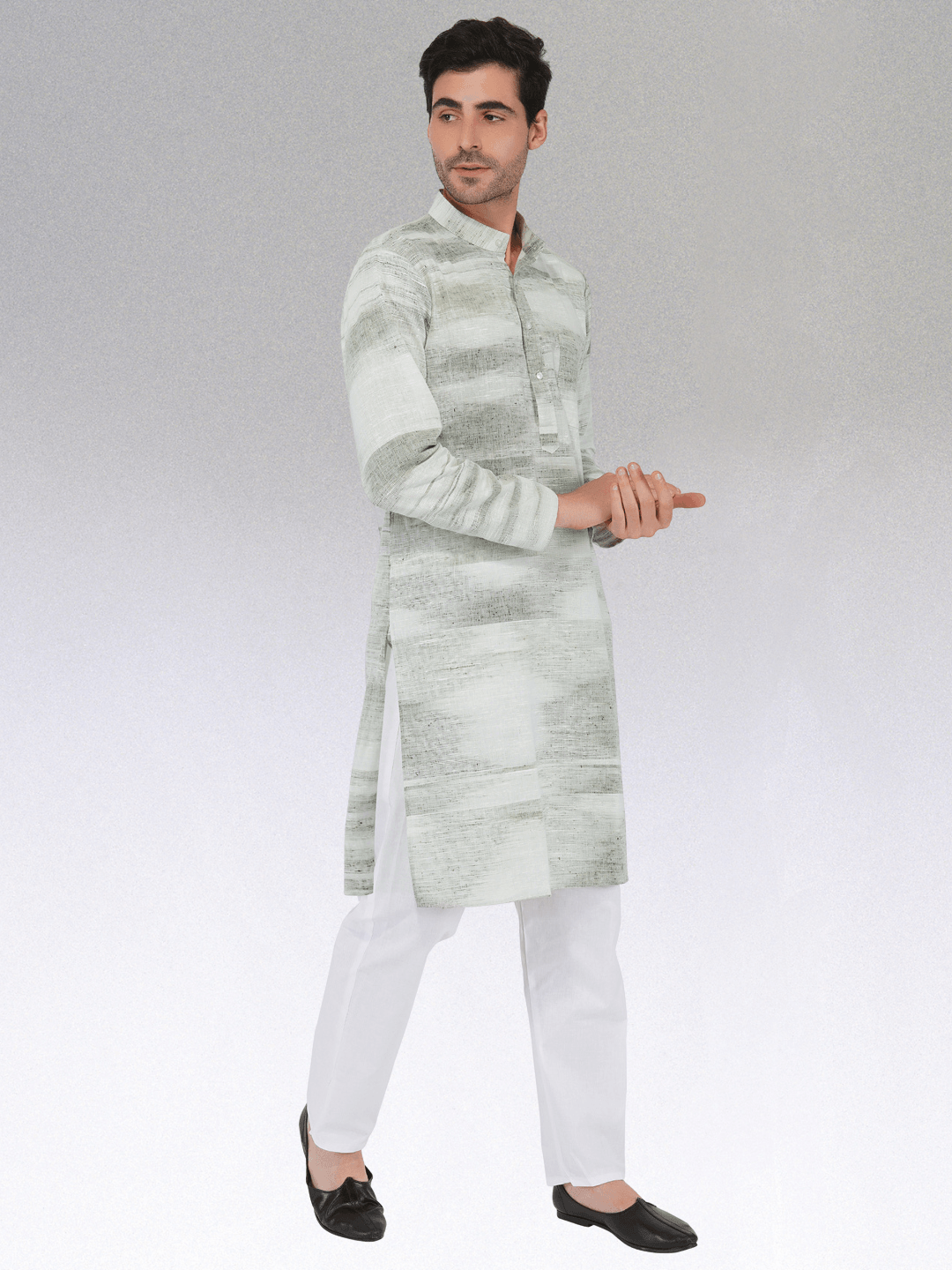 Khadi Kurta Traditional Off-White Blended with Green Colour Khadi Kurta Traditional Off-White Blended with Green Colour