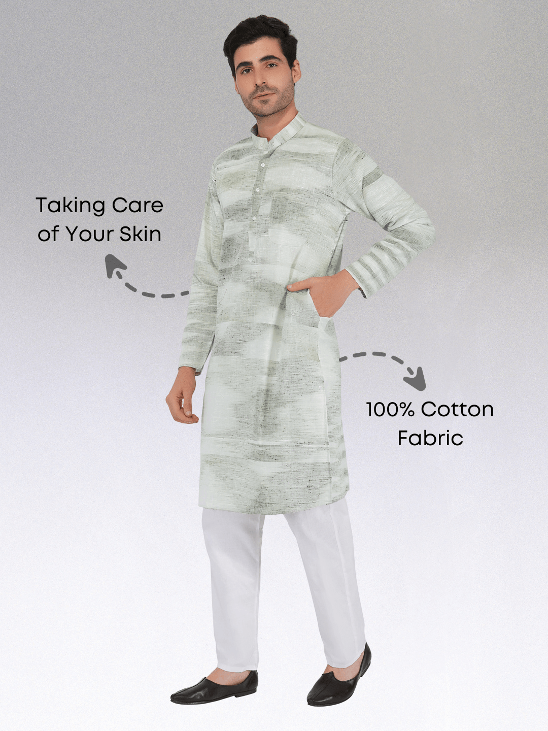 Khadi Kurta Traditional Off-White Blended with Green Colour Khadi Kurta Traditional Off-White Blended with Green Colour