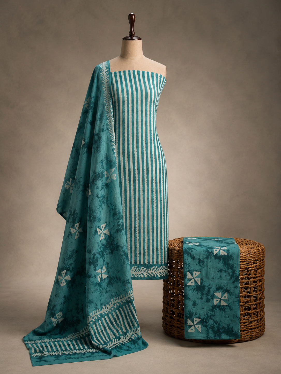 Sea Green Ripple Stripe Batik  | 3-Piece Unstitched Suit Set