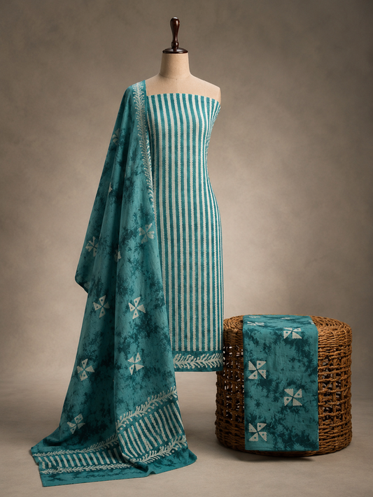 Sea Green Ripple Stripe Batik  | 3-Piece Unstitched Suit Set