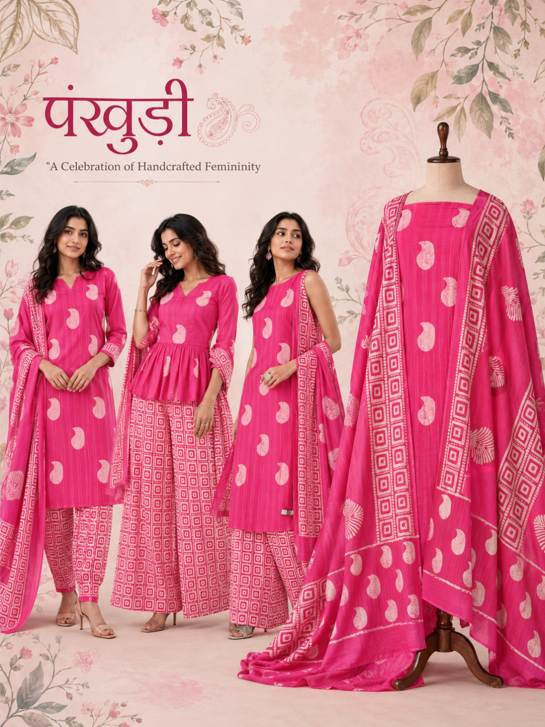 Rani Gulab Buta Block Print | 3-Piece Unstitched Suit Set