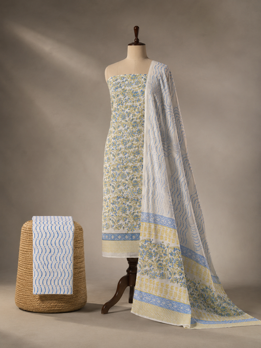 Blue Meadow Floral Block Print | 3-Piece Unstitched Suit Set