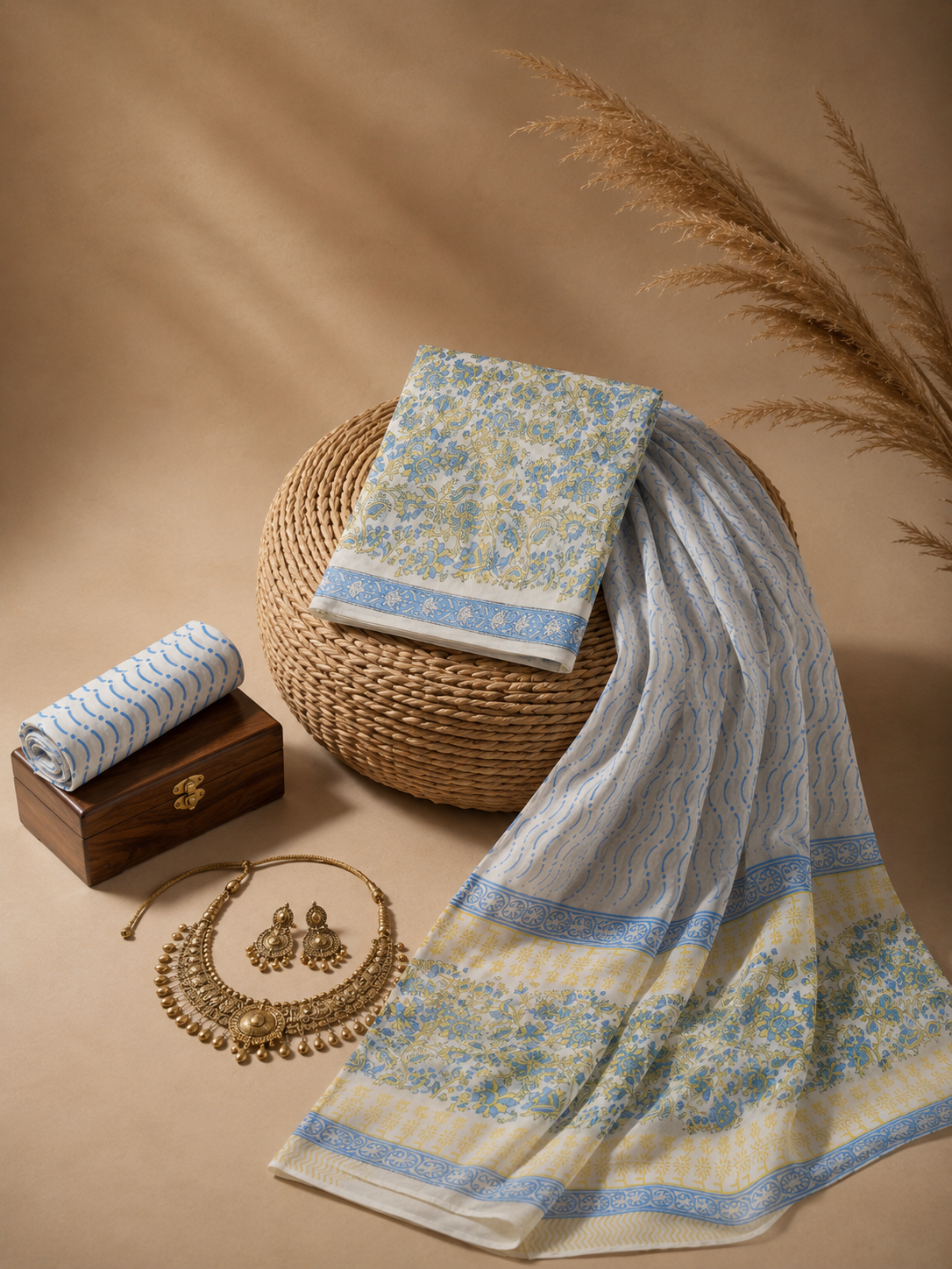 Blue Meadow Floral Block Print | 3-Piece Unstitched Suit Set