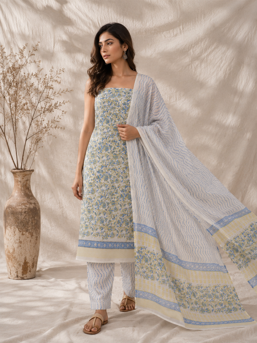 Blue Meadow Floral Block Print | 3-Piece Unstitched Suit Set