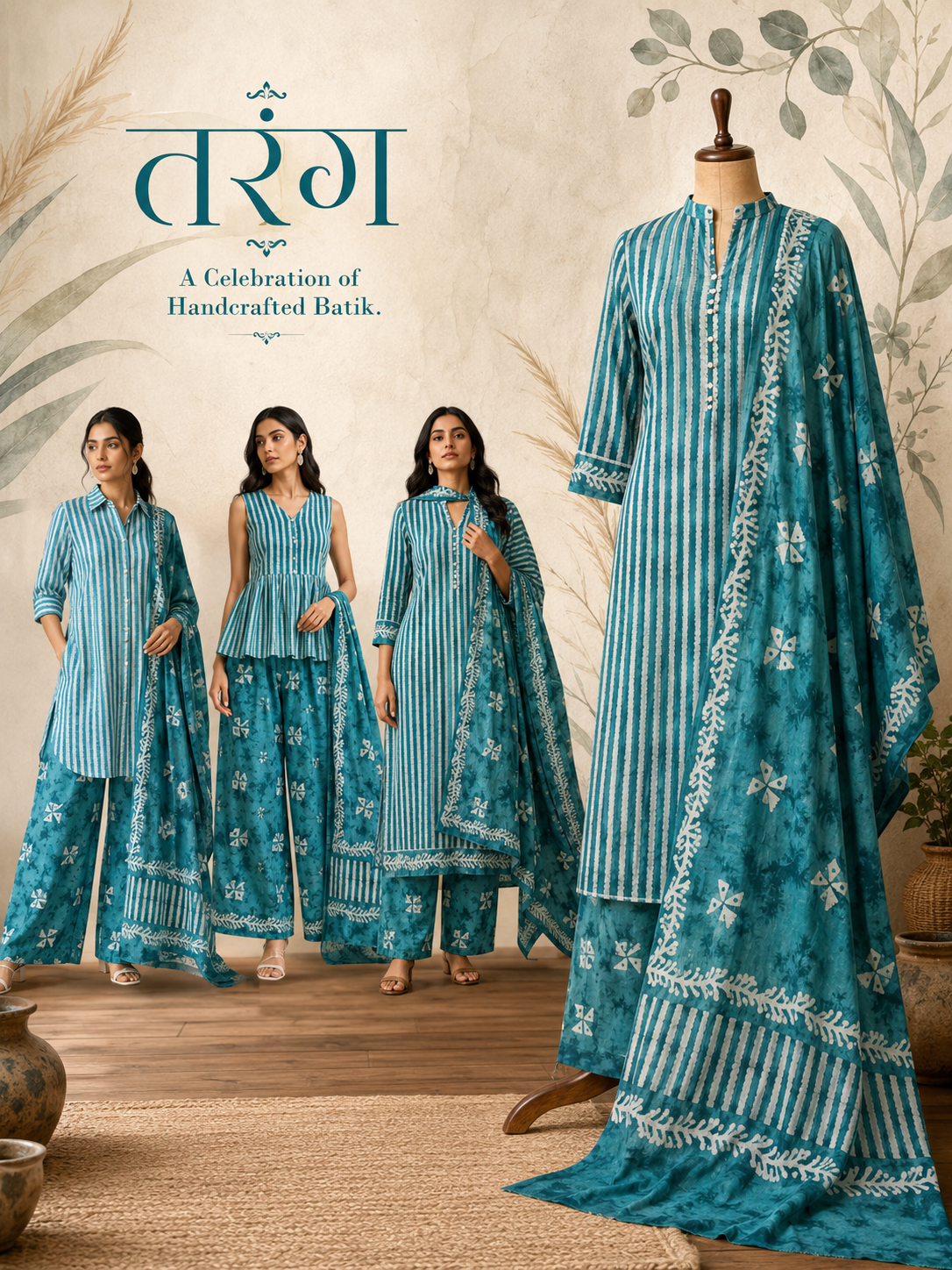 Sea Green Ripple Stripe Batik  | 3-Piece Unstitched Suit Set