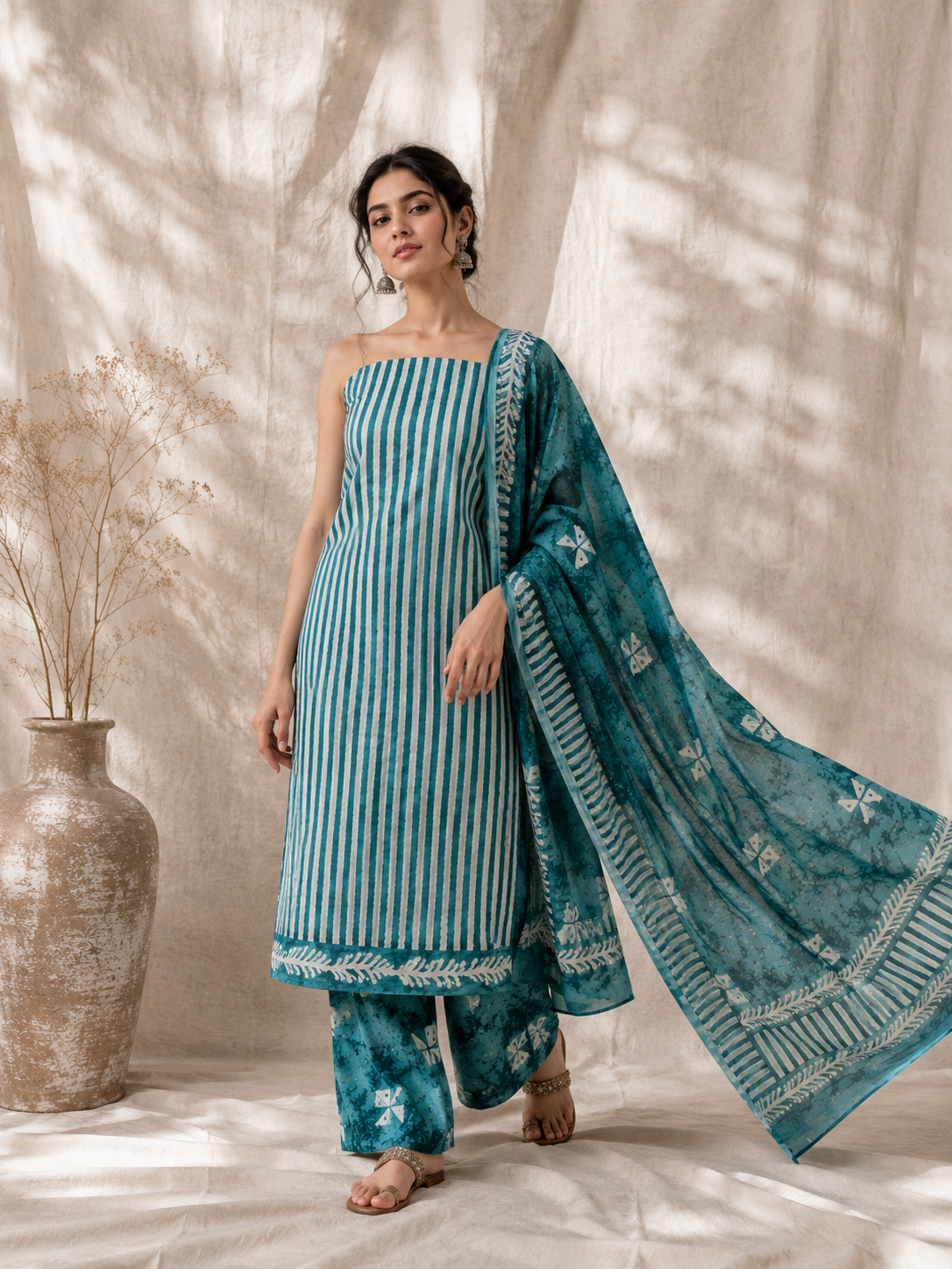 Sea Green Ripple Stripe Batik  | 3-Piece Unstitched Suit Set