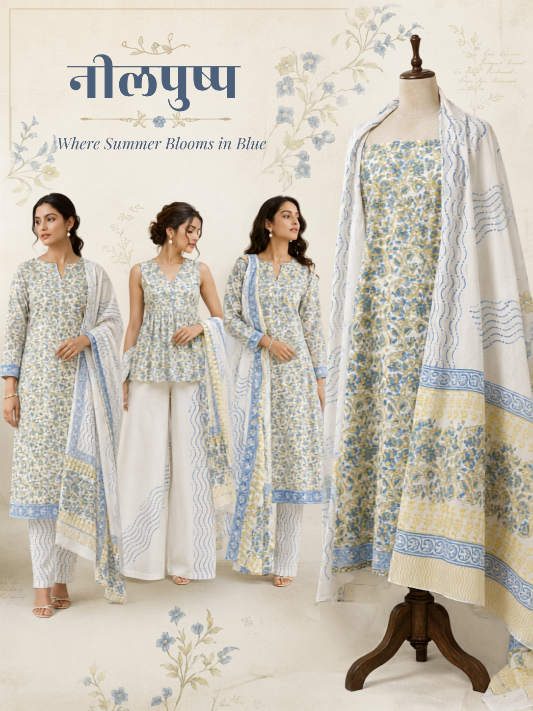 Blue Meadow Floral Block Print | 3-Piece Unstitched Suit Set