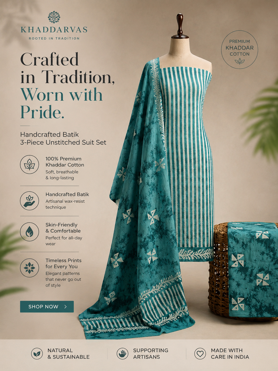 Sea Green Ripple Stripe Batik  | 3-Piece Unstitched Suit Set