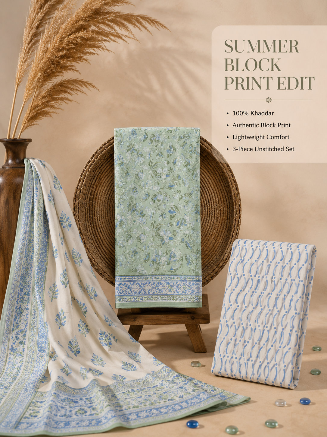 Blue Meadow Floral Block Print | 3-Piece Unstitched Suit Set